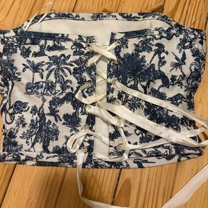 Elegant Blue and White Lace-Up Corset Top